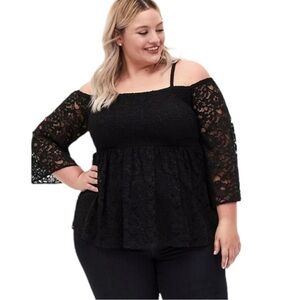 🌙 Torrid Black Lace Off-Shoulder Peplum Blouse Size 2XL